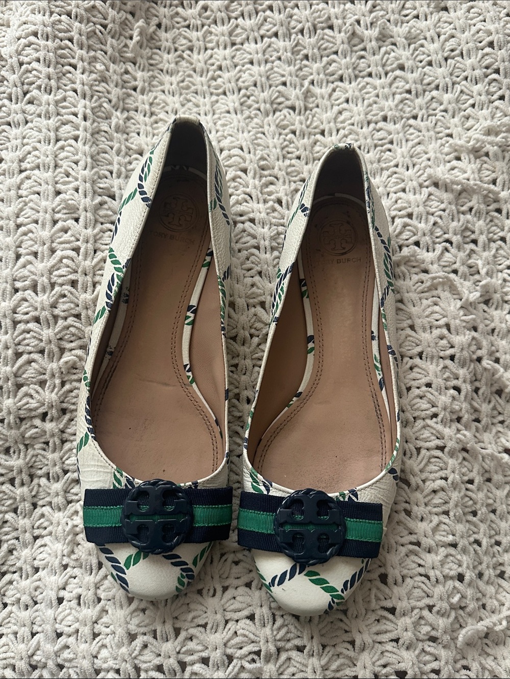 Tory Burch Cream Ballet Flats with Navy & Green Trim